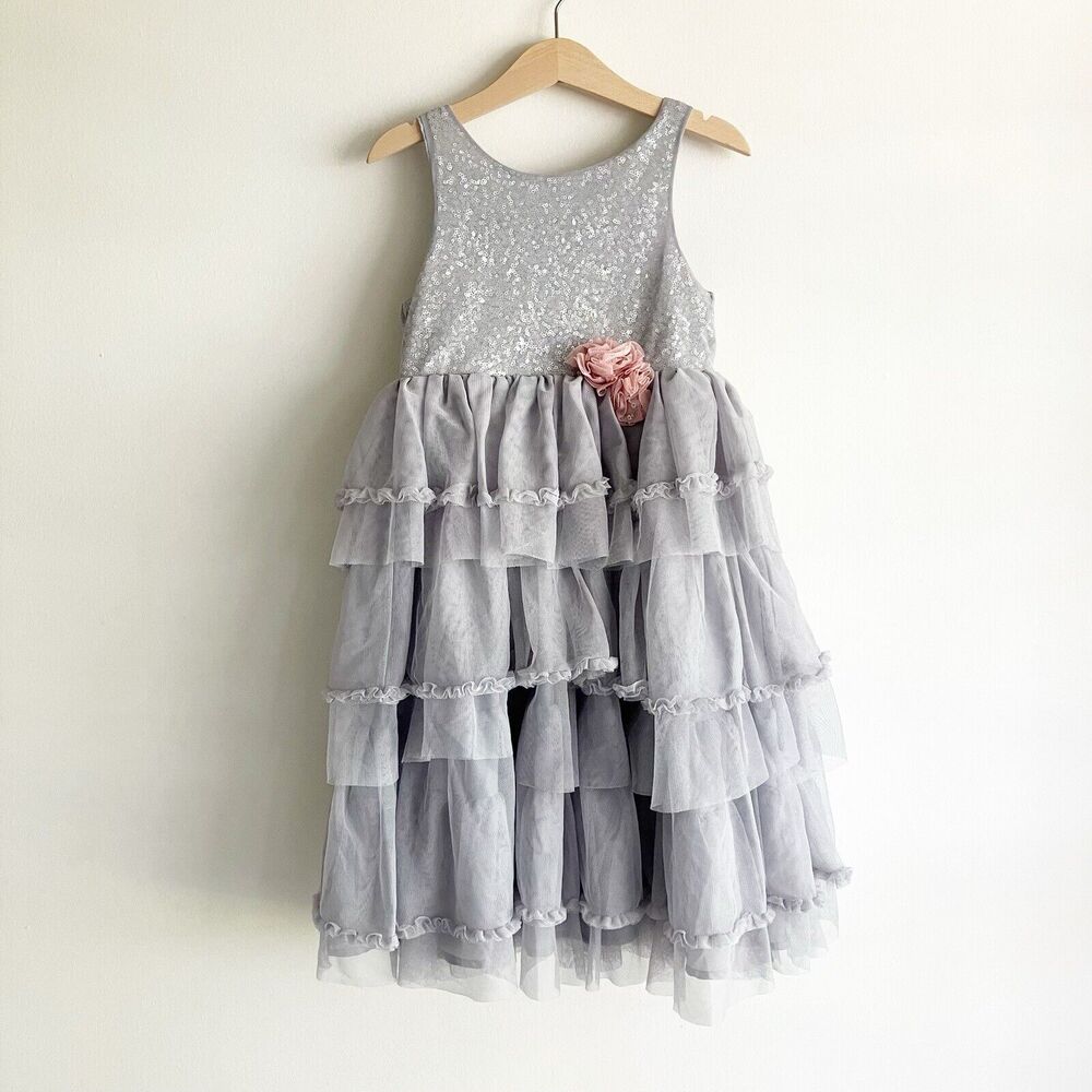 H&M Girls 6-7 Sleeveless Sequined Gray Silver Tiered Midi Dress Pink Flower